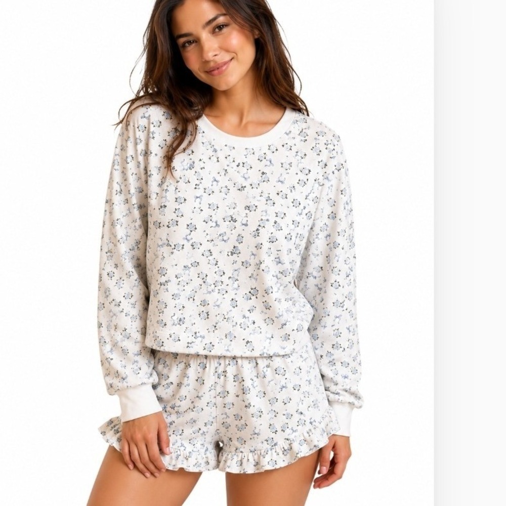 Newme Short Set Women Small White Blue Floral Ruffle Sweatshirt Coquette Girl